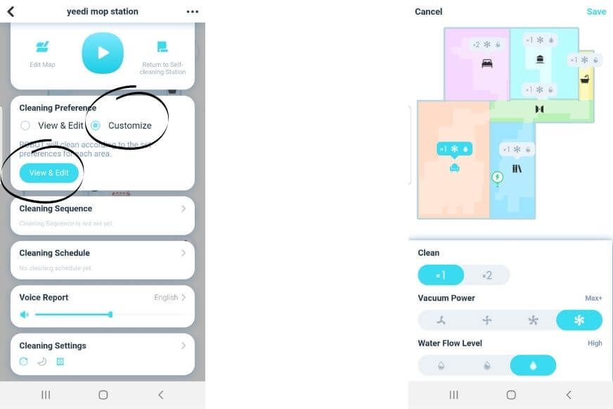 application yeedi nettoyage zone specifique
